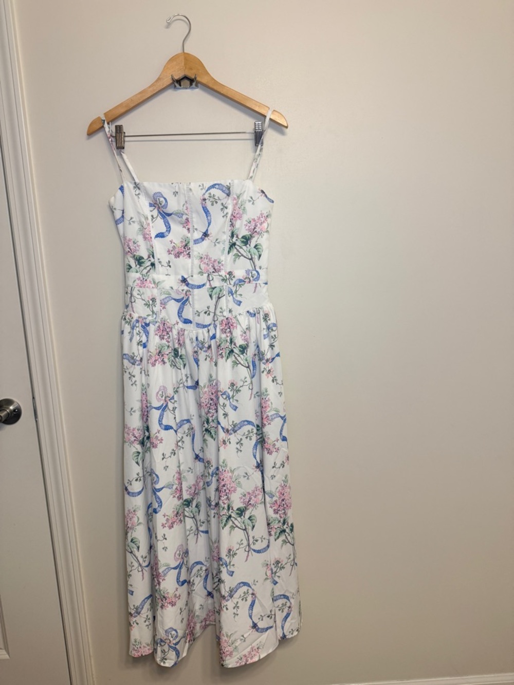White Floral Midi Dress with Blue Ribbon Print